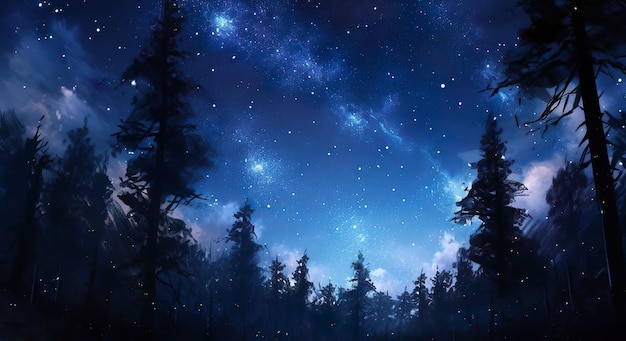 Un bosque con árboles y estrellas en el cielo nocturno.