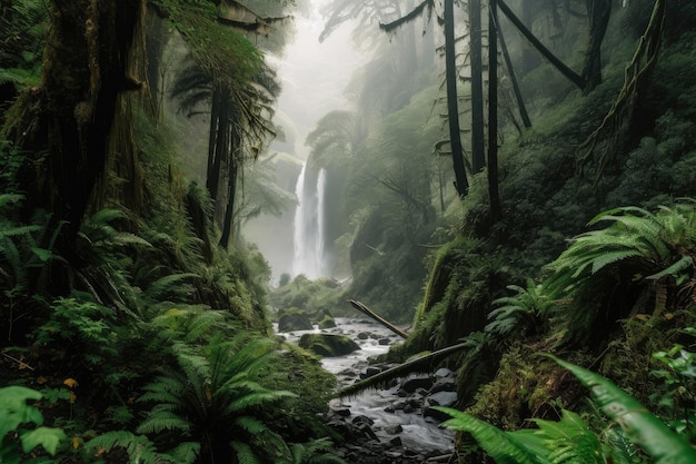 Bosque con árboles imponentes y cascadas escondidas rodeadas de niebla creada con IA generativa