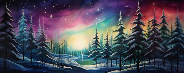 Bosque de árboles de Navidad mágicos en invierno con luces del norte