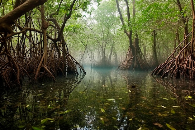 Un bosque con árboles y niebla al fondo.