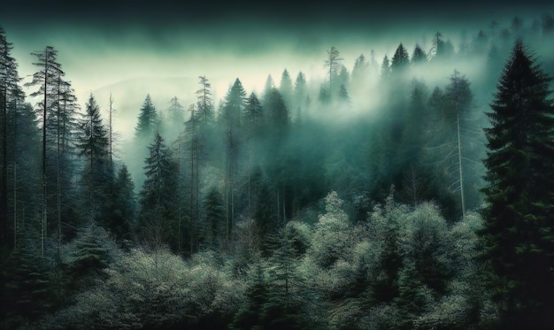 Bosque de árboles con niebla al fondo