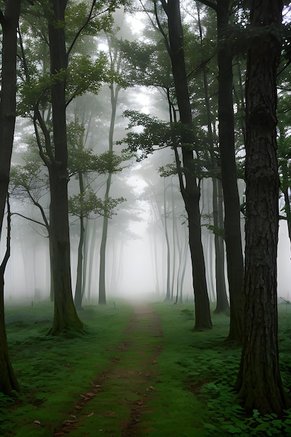 un bosque con árboles y niebla