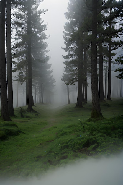 un bosque con árboles y niebla