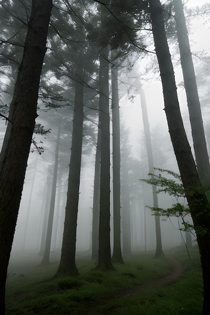 Foto un bosque con árboles y niebla