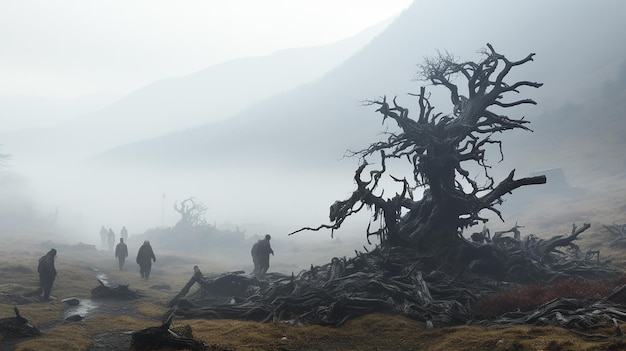 un bosque de árboles nudosos que emergen de la niebla generada por Ai