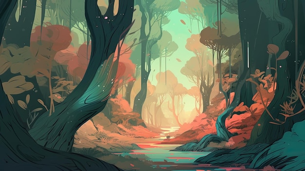 Un bosque de árboles parlantes Concepto de fantasía Pintura de ilustración IA generativa