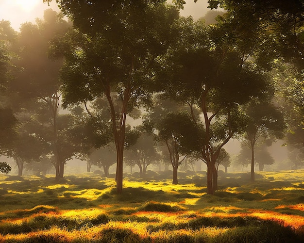 Un bosque con árboles en primer plano y el sol brillando en el suelo.