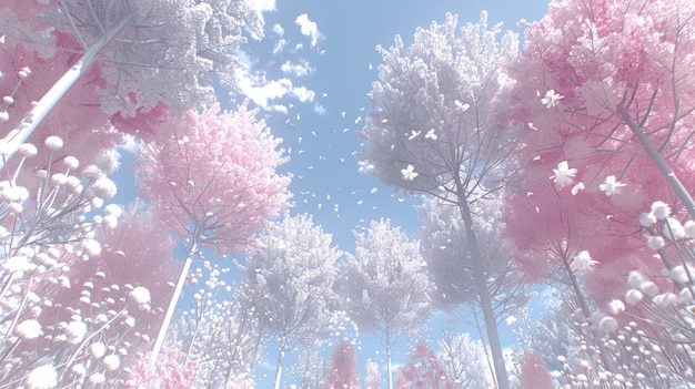 Un bosque con árboles rosados y un cielo azul