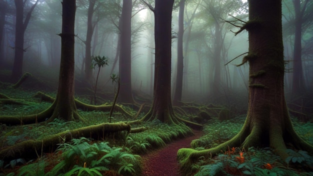 un bosque con árboles y un sendero que tiene musgo en él