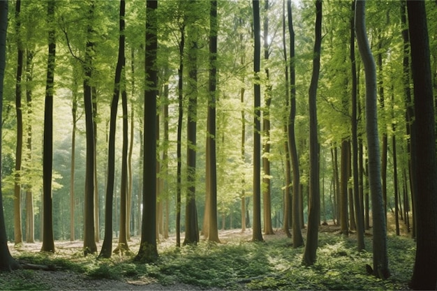 Un bosque con árboles y el sol brillando sobre él.