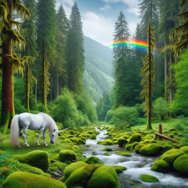 Un bosque con arco iris y unicornio