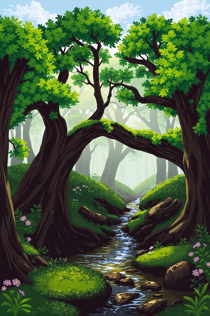 un bosque con un arroyo y árboles
