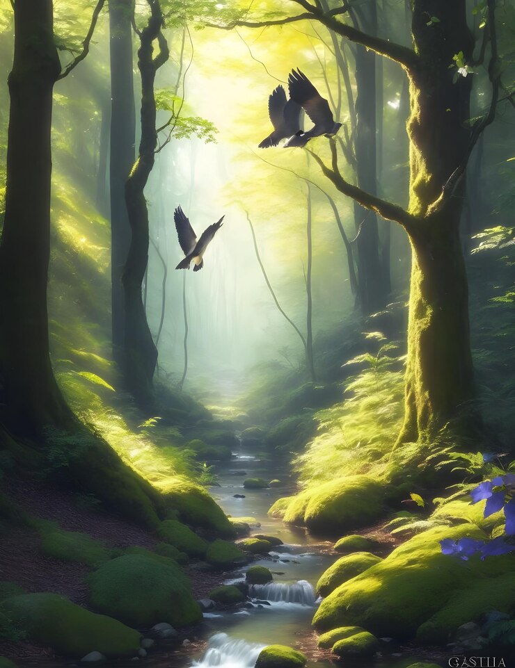 un bosque con un arroyo corriendo a través de él y pájaros volando en el cielo
