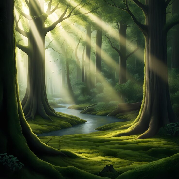 un bosque con un arroyo corriendo a través de él y el sol brillando a través de los árboles