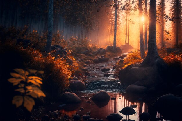 Bosque con un arroyo neblinoso al atardecer