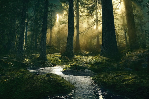 Un bosque con un arroyo que lo atraviesa y el sol brillando a través de los árboles.