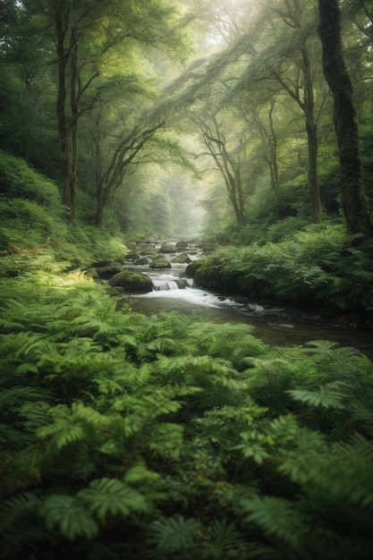 Un bosque con un arroyo que lo atraviesa.