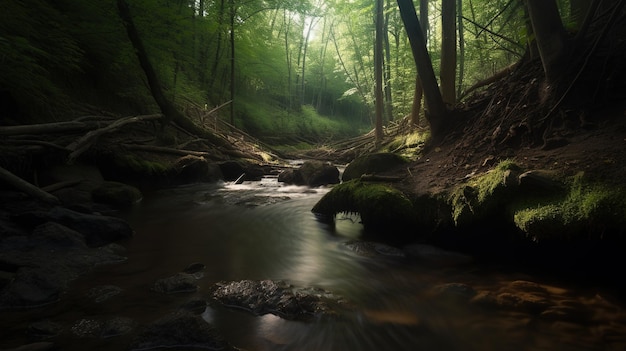 Un bosque con un arroyo y el sol brillando sobre él.