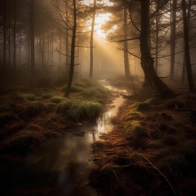 Un bosque con un arroyo y el sol brillando a través de los árboles.