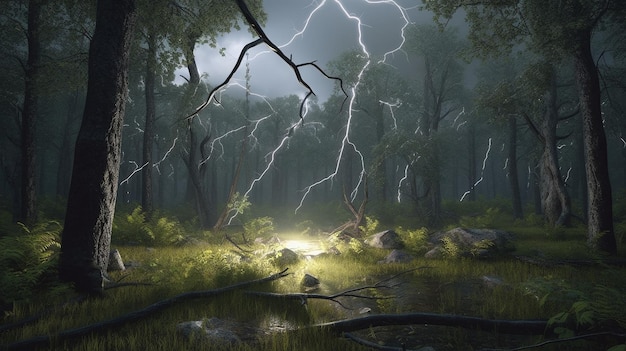 Bosque atronador Un paisaje de fantasía cinematográfica con relámpagos volumétricos dramáticos y niebla atmosférica