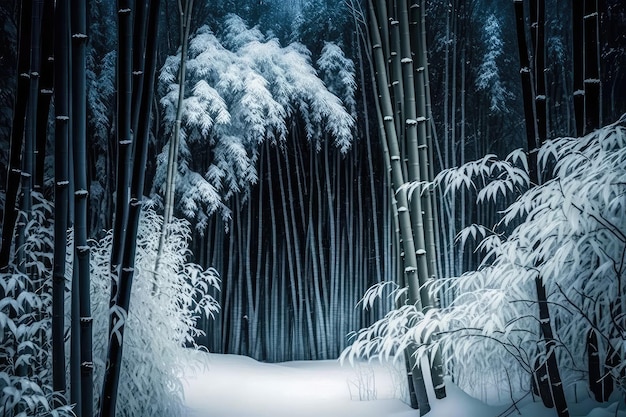 Bosque de bambú con árboles cubiertos de nieve país de las maravillas de invierno