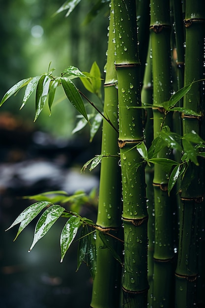 Bosque de bambú brumoso y lluvioso AI generativo