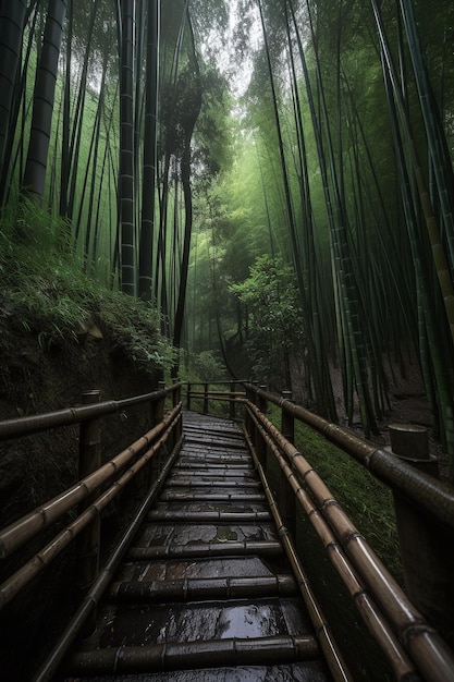 Un bosque de bambú con una escalera de madera que conduce a él.