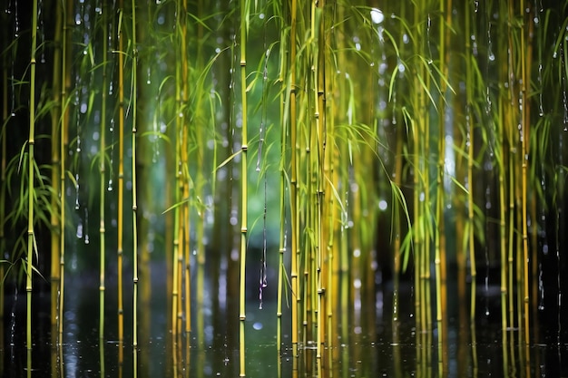 Foto bosque de bambú con gotas de lluvia en el agua fondo natural