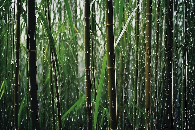 Foto bosque de bambú con gotas de lluvia en el fondo natural de la mañana