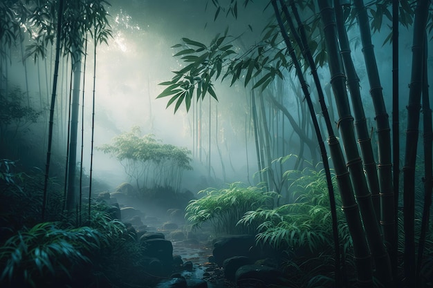 Bosque de bambú con luz brumosa matutina que hace que los árboles y las plantas parezcan aún más encantadores