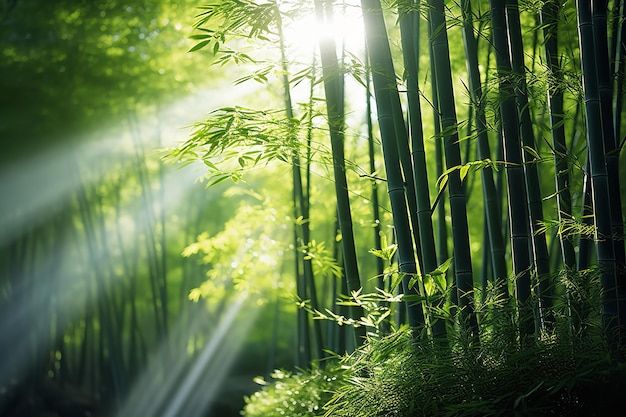 Bosque de bambú con luz solar fluyendo a través