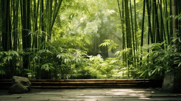 un bosque de bambú con un puente de bambú al fondo