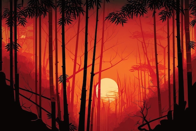 Bosque de bambú durante la puesta de sol con tonos naranjas y rojos que iluminan el cielo