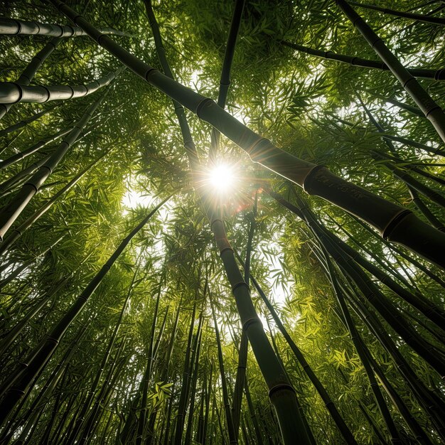 Foto un bosque de bambú con el sol brillando a través de él