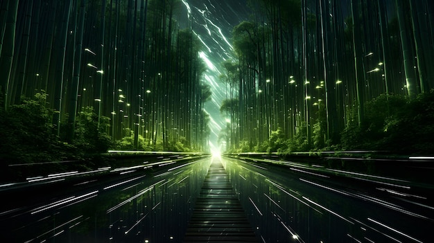 un bosque de bambú verde de ensueño por la noche en Kioto con un camino