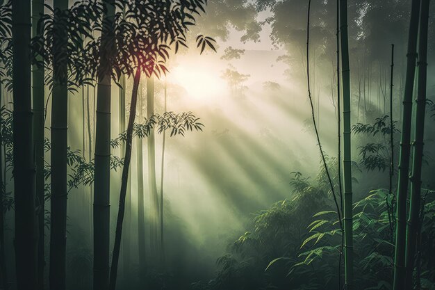 Bosque de bambú con vistas al cielo brumoso del amanecer desde arriba