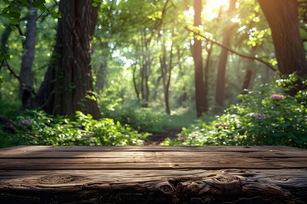 Bosque borroso con sendero detrás de una mesa vacía en primer plano