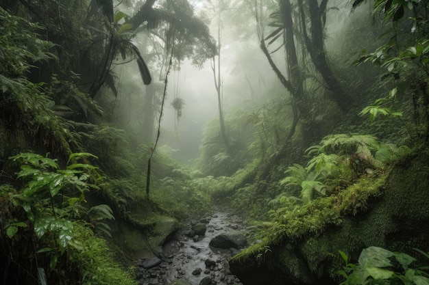 Bosque en bosque nuboso rodeado de niebla y cascadas creadas con IA generativa