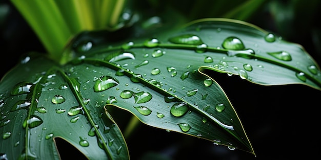 Bosque botánico tropical verde con gotas de agua sobre hojas de palma en la selva tropical de plantas