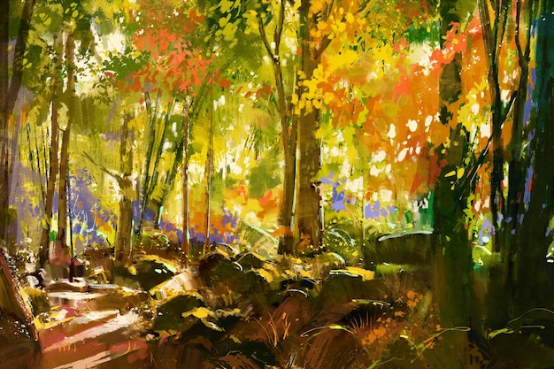 bosque brillante, hermosa naturaleza en primavera, pintura de ilustración