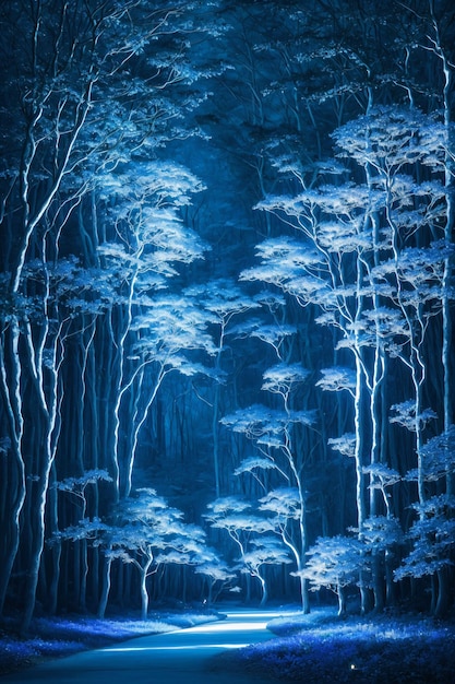 Bosque brillante en la noche