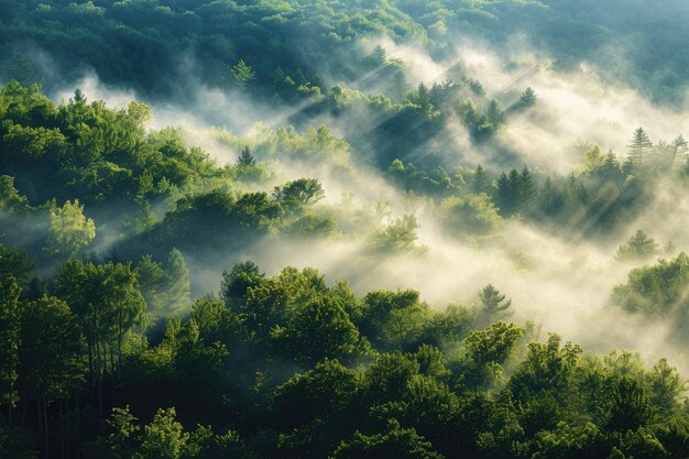 Foto un bosque brumoso envuelto en la luz de la mañana un paisaje pintoresco