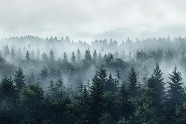 Un bosque brumoso envuelto en la niebla matinal