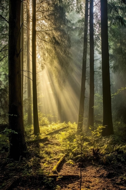 Bosque brumoso con luz solar que fluye a través de árboles altos creados con IA generativa