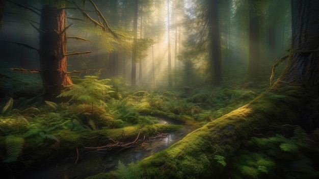 Bosque brumoso con rayos de sol y vegetación exuberante.