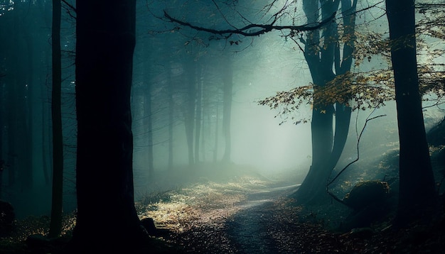 Un bosque con un camino y un árbol en la niebla.