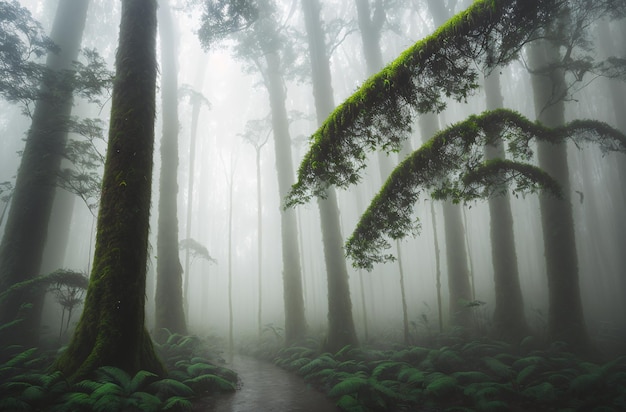 Un bosque con un camino y árboles en la niebla.