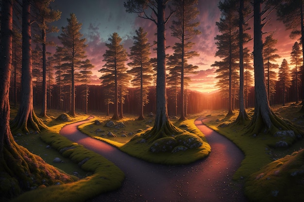 Un bosque con un camino y árboles con una puesta de sol al fondo.