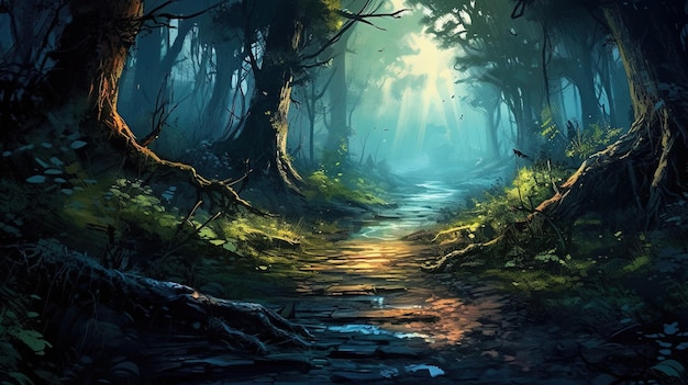 Un bosque con un camino brumoso Concepto de fantasía Pintura de ilustración IA generativa