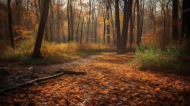 Un bosque con un camino cubierto de hojas y un camino cubierto de hojas.